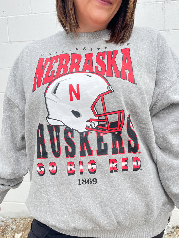 Nebraska Huskers Helmet Crewneck- Heather Grey