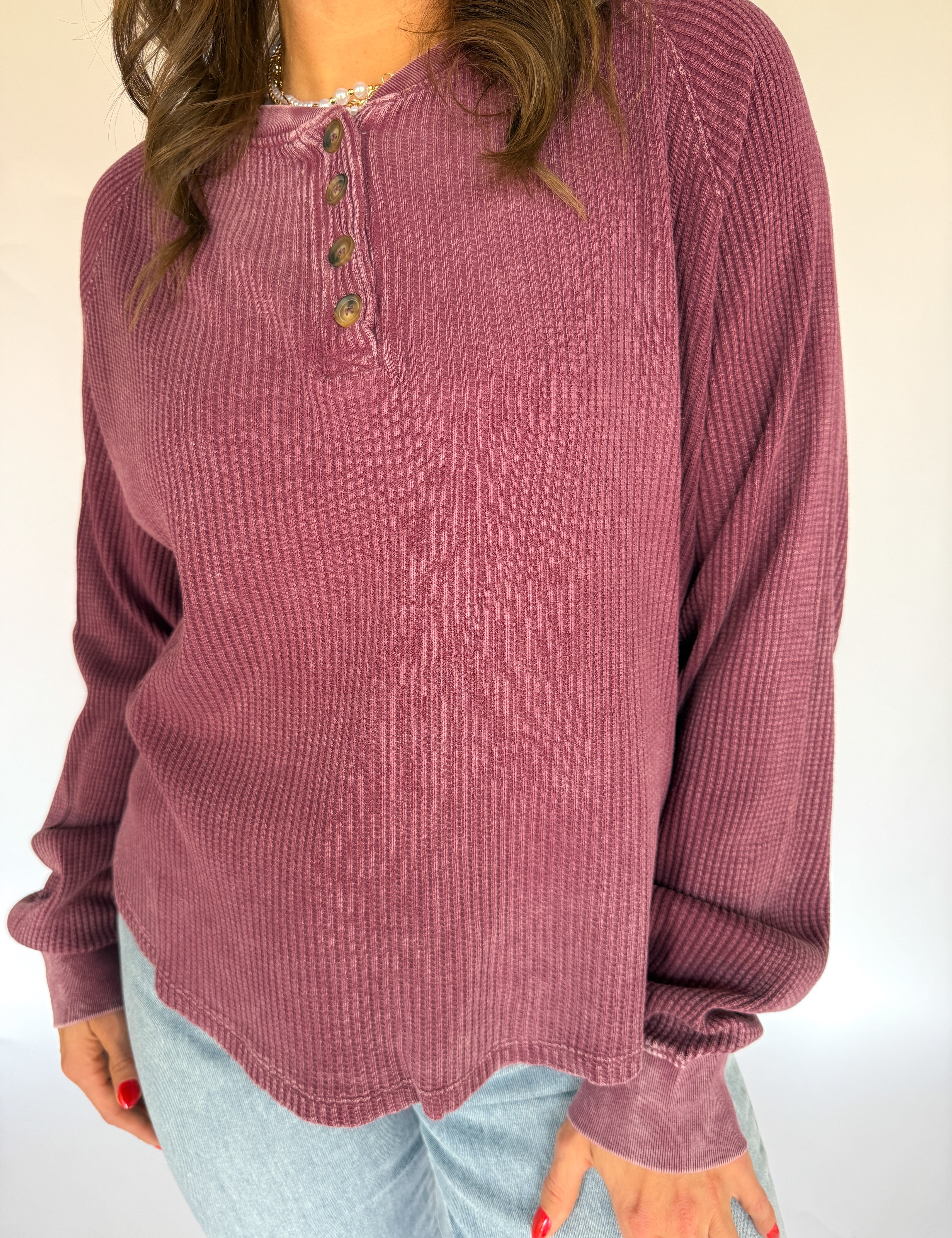 Washed Henley Top- Dk Cherry - Ana Patricia Boutique