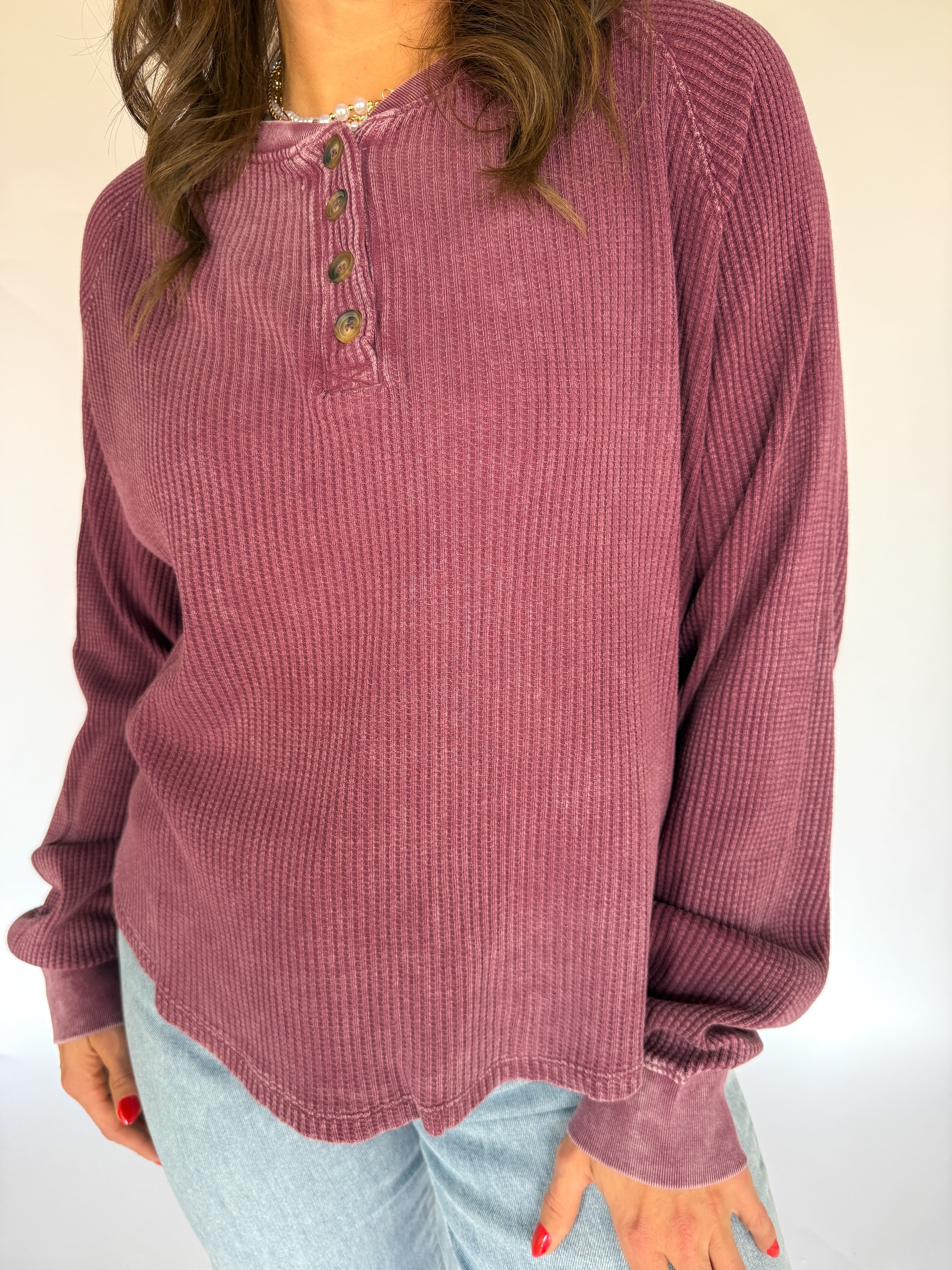Washed Henley Top- Dk Cherry - Ana Patricia Boutique