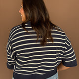Raw Edge Short Sleeve Sweater- Navy