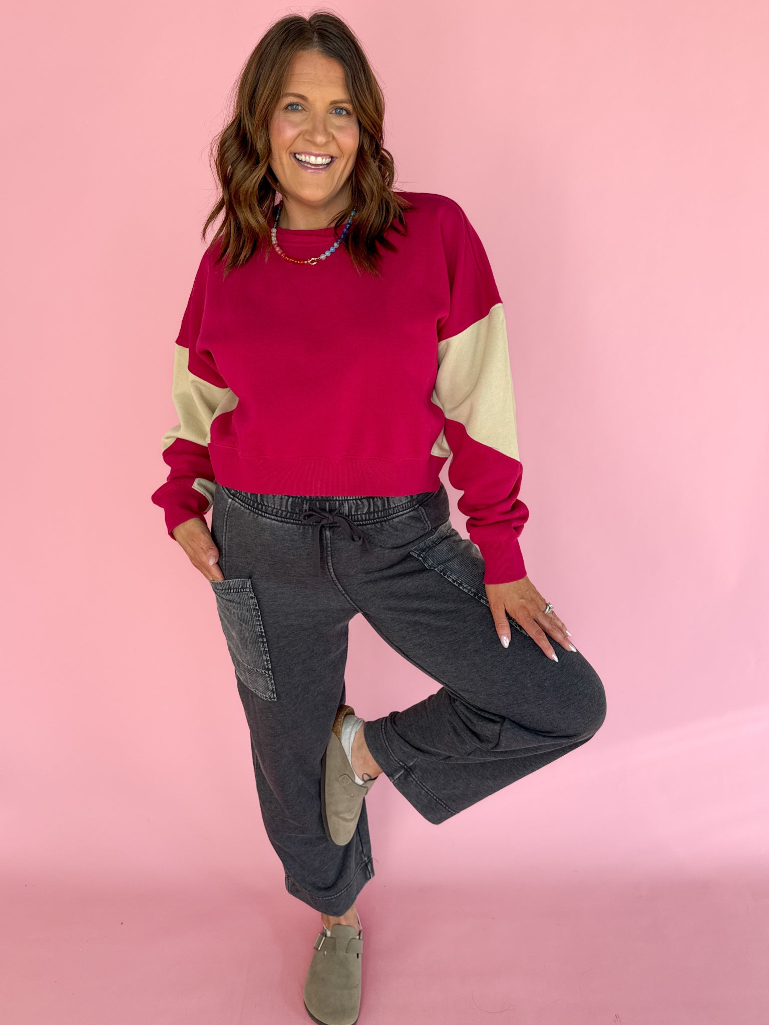 Color Block Sweatshirt- Pink/Bone - Ana Patricia Boutique