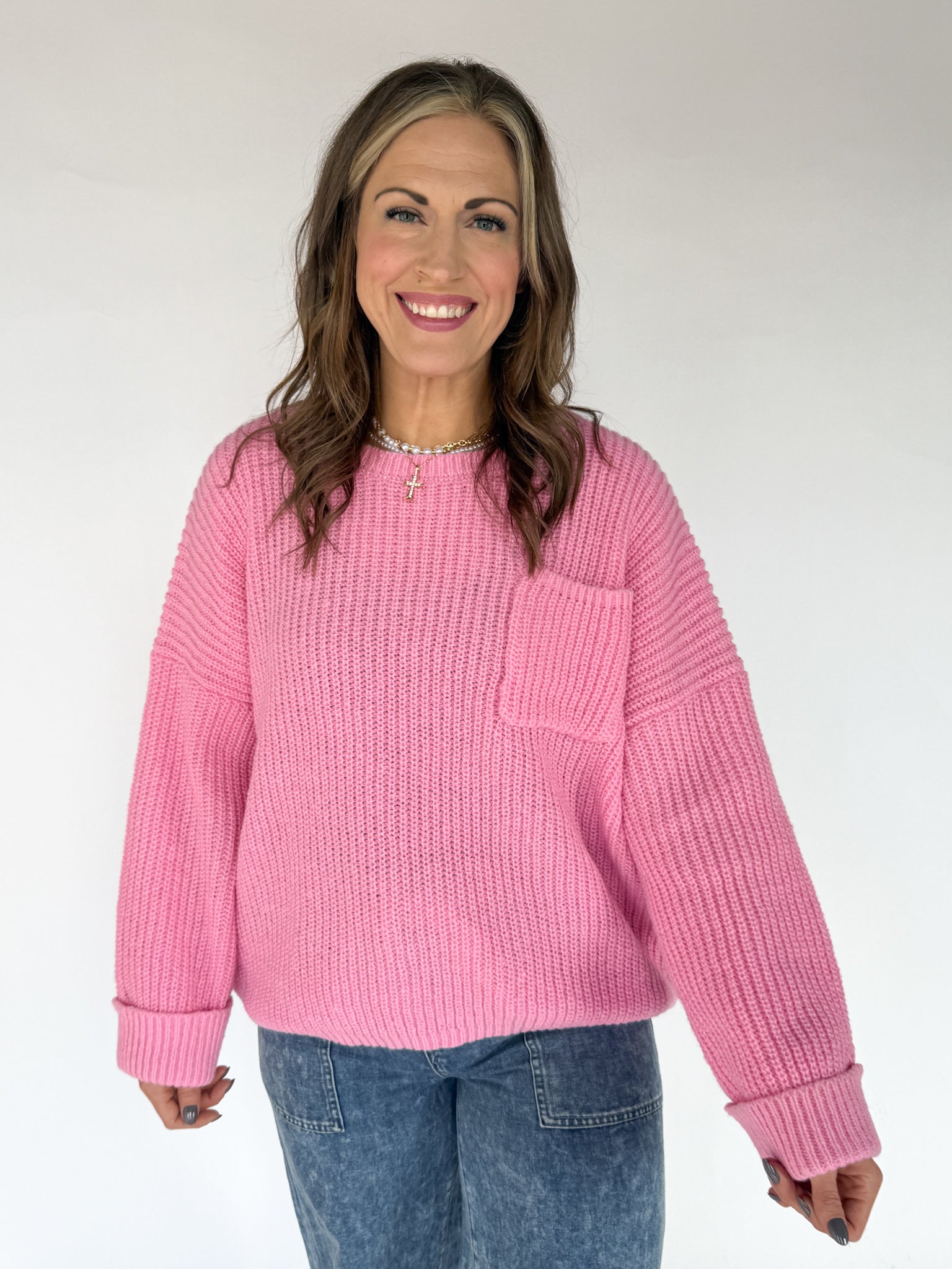 Oversized Front Pocket Sweater- Pink - Ana Patricia Boutique
