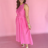 Smocked Bodice Midi Dress- Pink - Ana Patricia Boutique