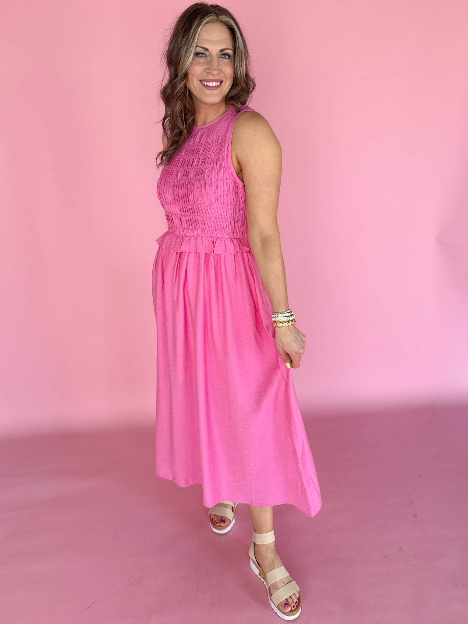 Smocked Bodice Midi Dress- Pink Small