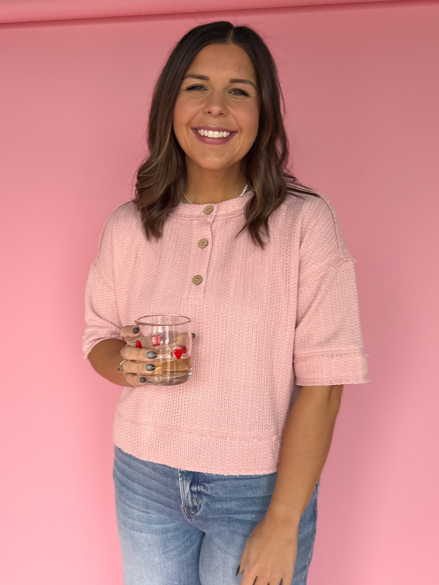 Henley Waffleknit Top- Pink - Ana Patricia Boutique