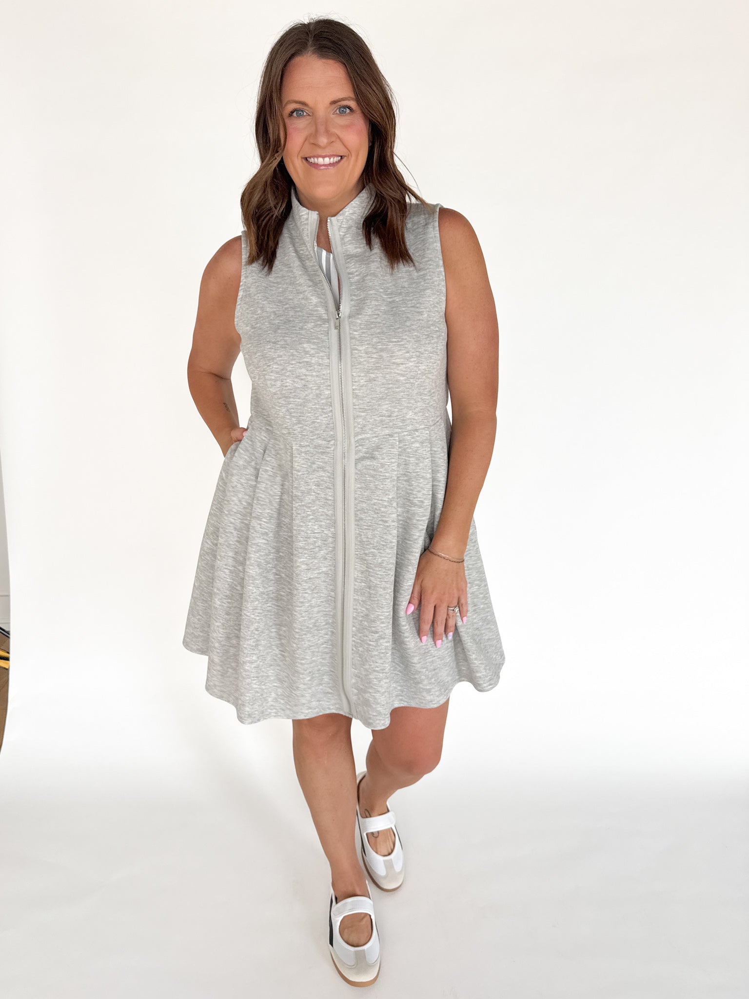 Sleeveless Scuba Zip Up Dress-Grey - Ana Patricia Boutique