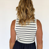Stripe Mixed Media Dress- Navy/Ivory