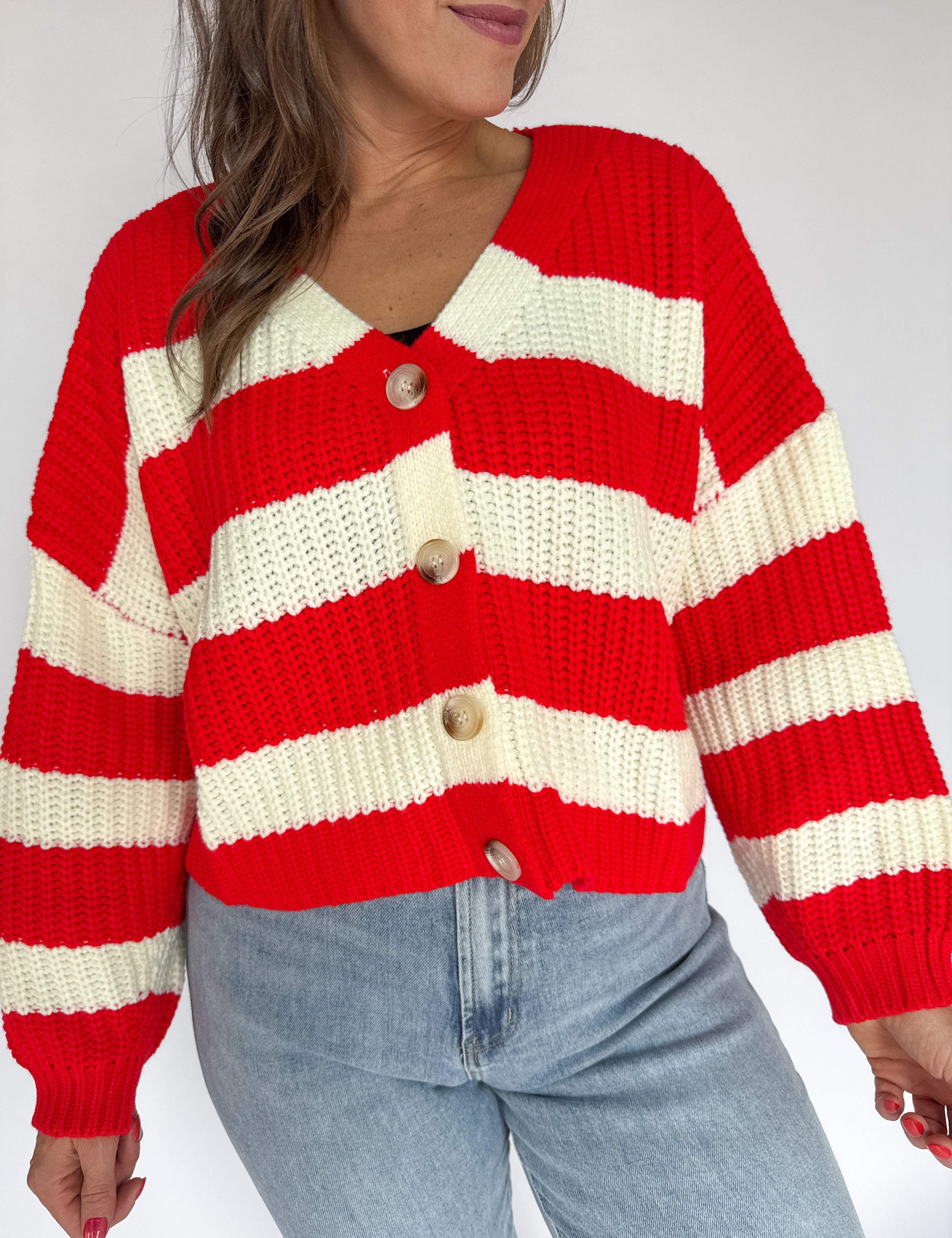 Stripe V Neck Cardigan- Red/Ivory - Ana Patricia Boutique