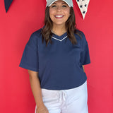 V Neck Piping Top- Navy - Ana Patricia Boutique