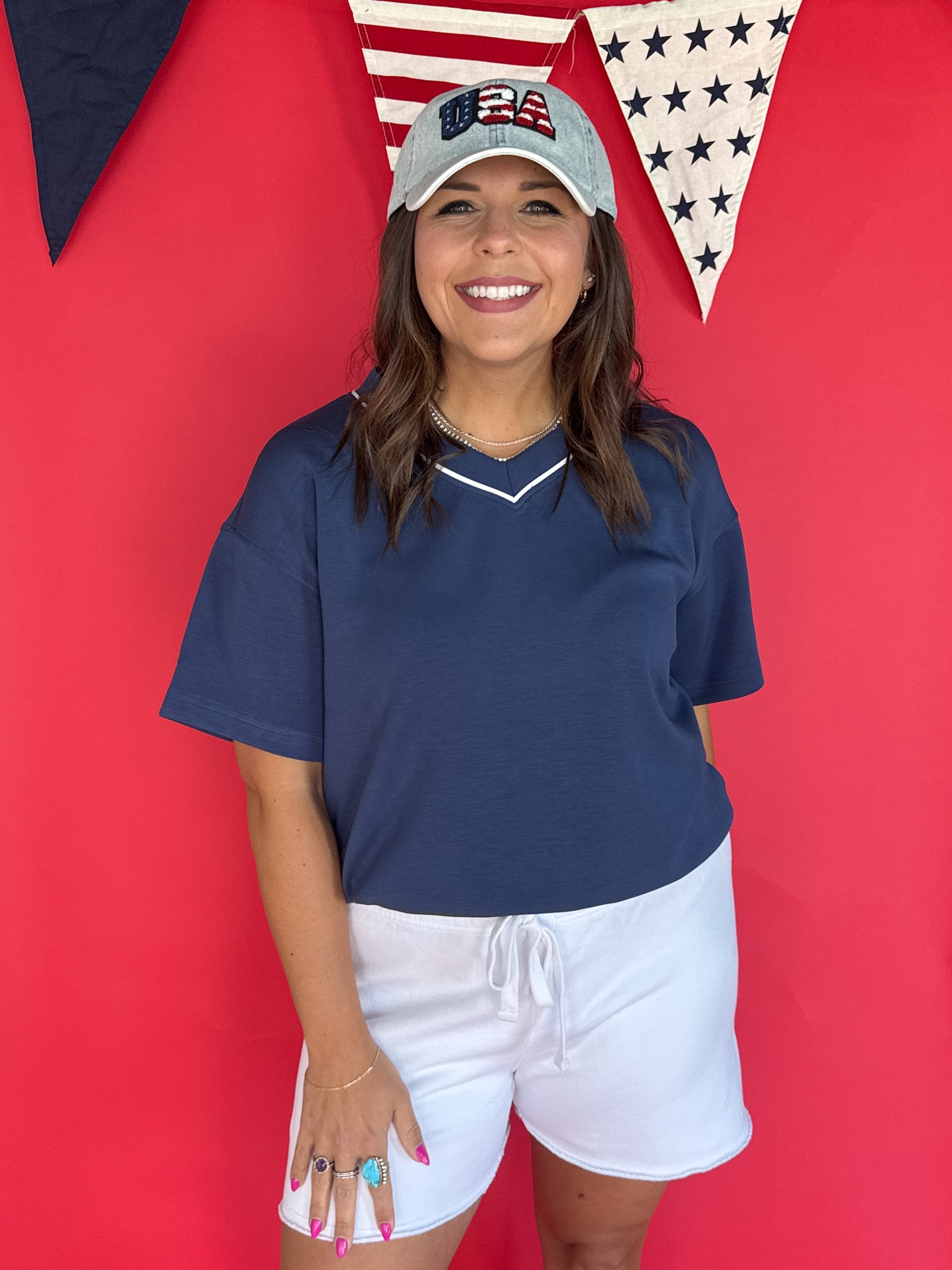 V Neck Piping Top- Navy - Ana Patricia Boutique