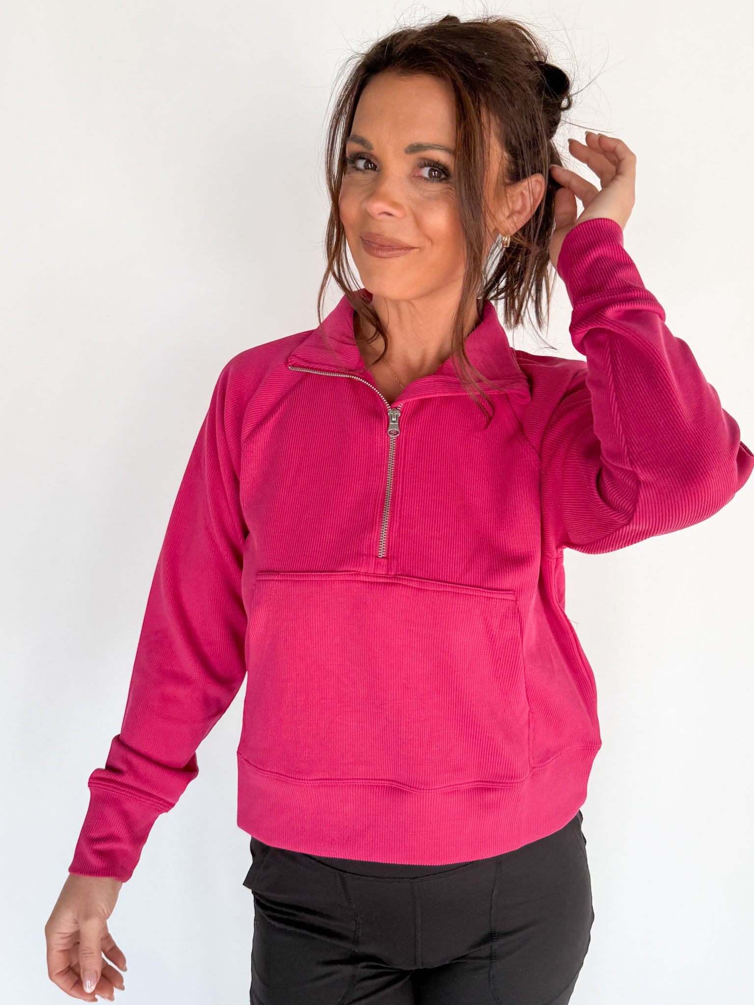 Luxe Ribbed 3/4 Zip-Pink - Ana Patricia Boutique