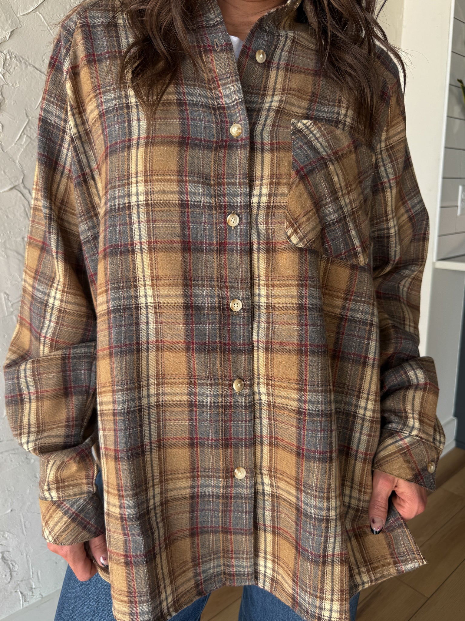 Oversized Plaid Button Up- Oatmeal - Ana Patricia Boutique