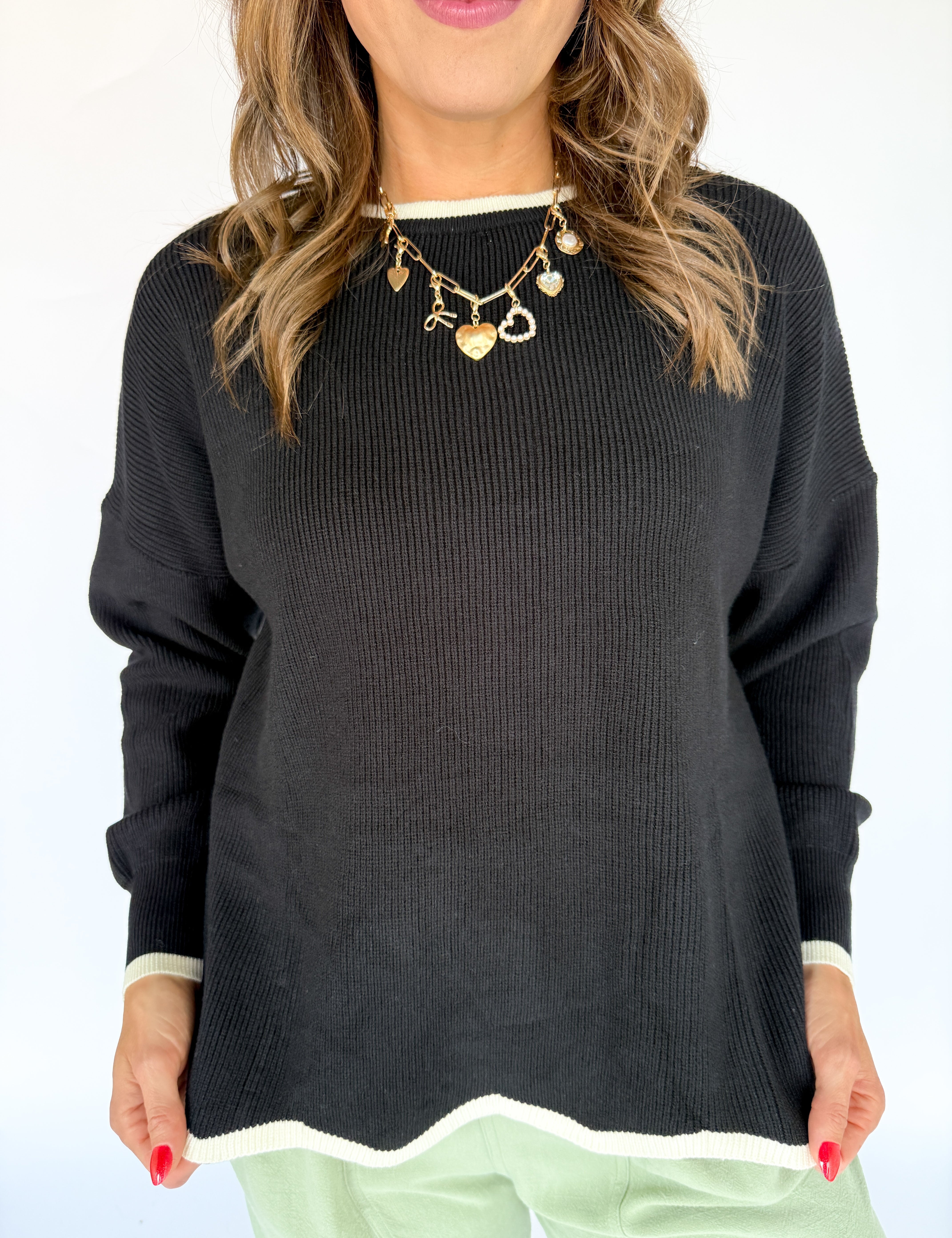Wavy Hem Sweater- Black - Ana Patricia Boutique
