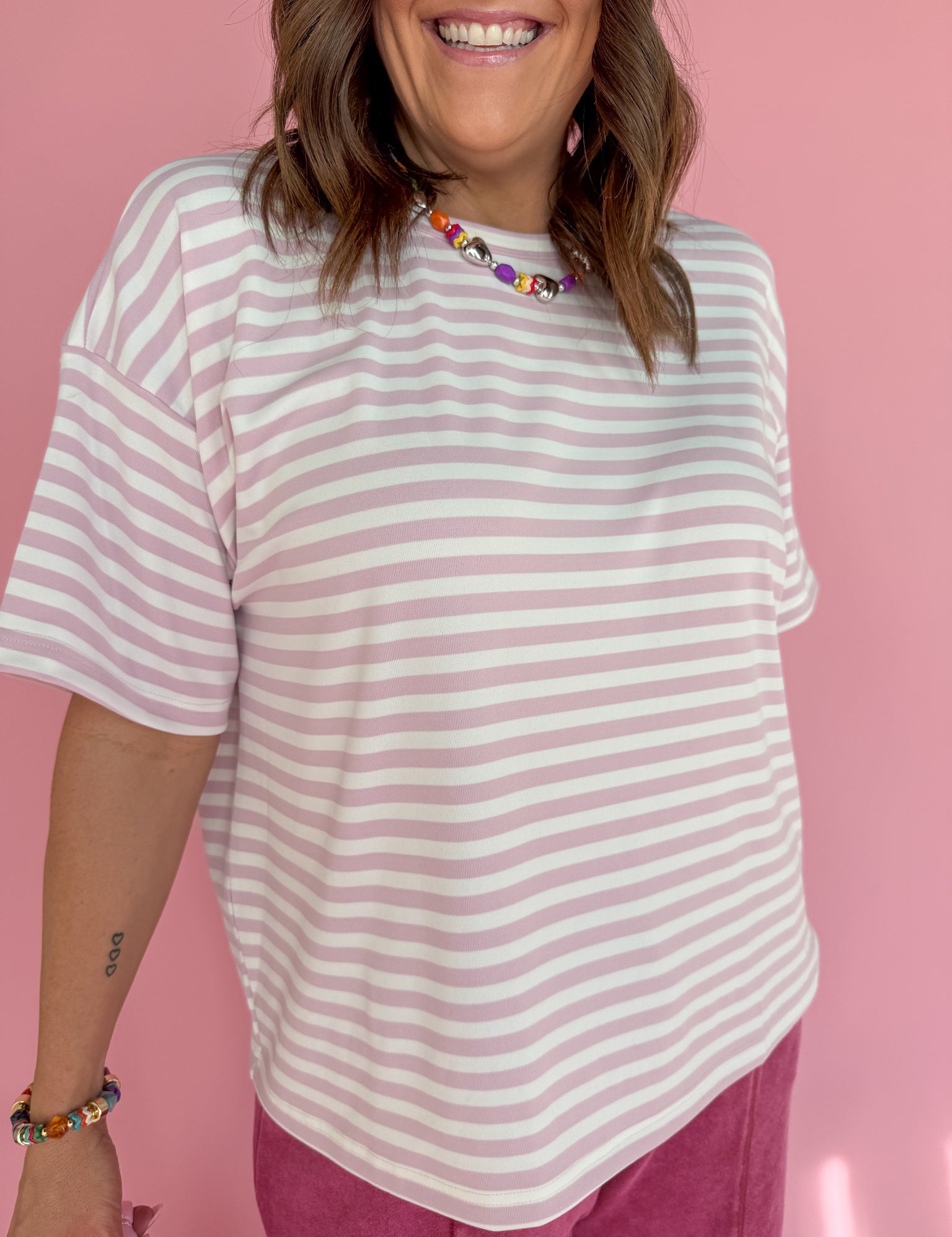 Oversized Stripe Tee- Pink/White - Ana Patricia Boutique