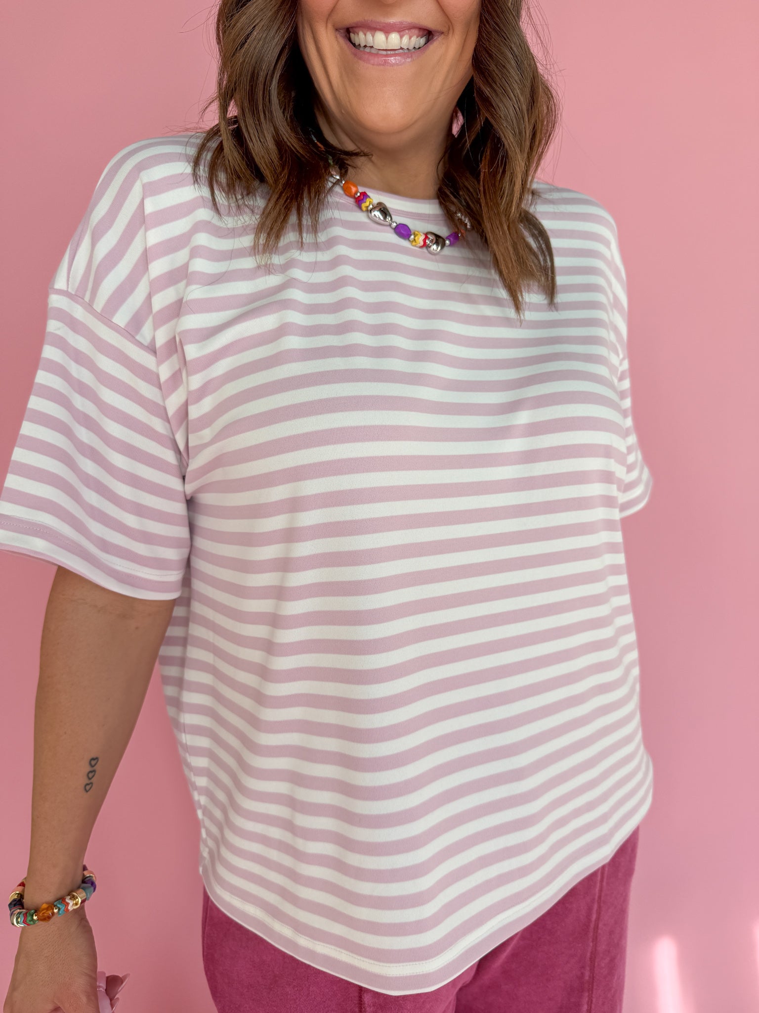 Oversized Stripe Tee- Pink/White - Ana Patricia Boutique