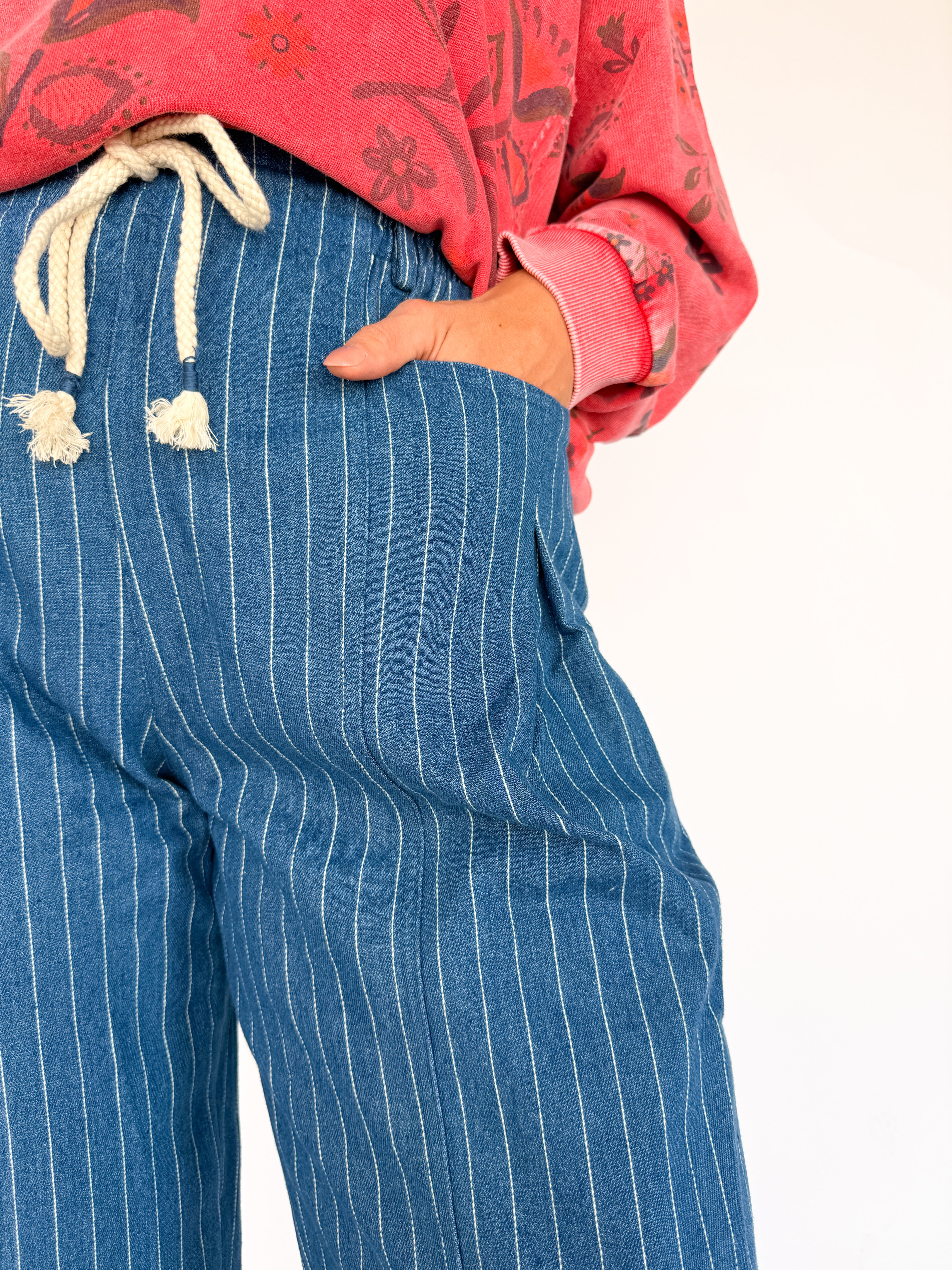 Pinstripe Barrel Jeans- Medium Wash - Ana Patricia Boutique