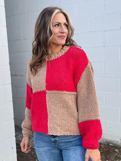 The April Sweater- Taupe/Coral Red