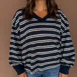 V Neck Striped Top- Navy