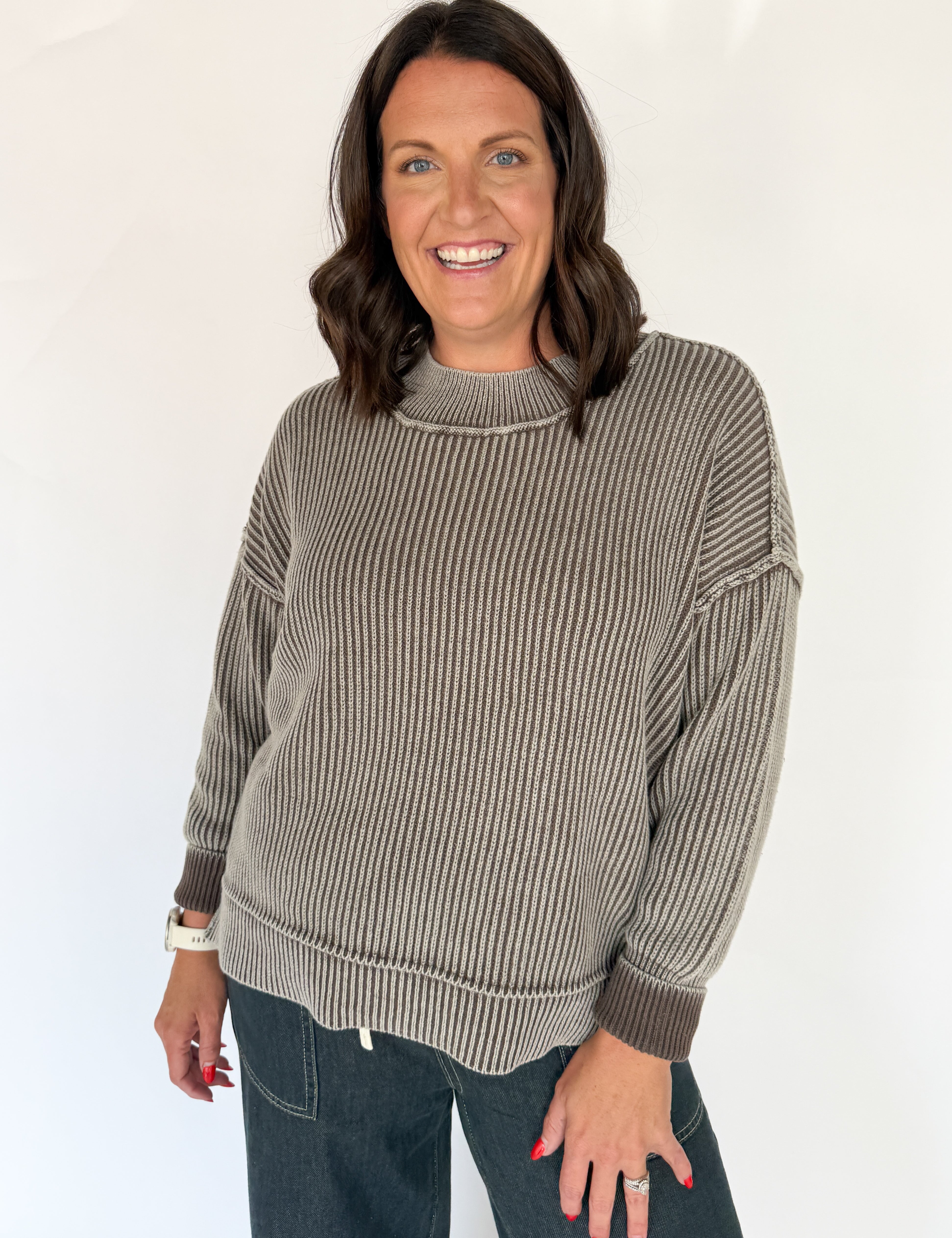 Washed Side Slit Sweater-Mocha - Ana Patricia Boutique