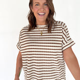 Striped Hi Lo Short Sleeve Top- Brown