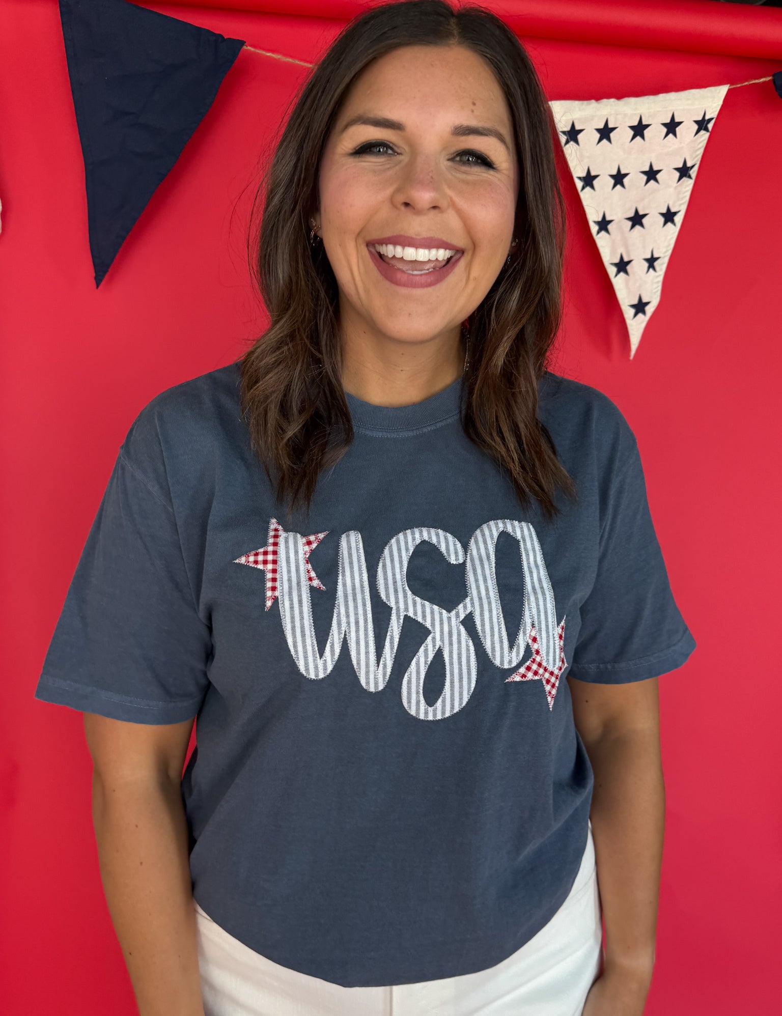 USA Embroidery Tee- Navy - Ana Patricia Boutique