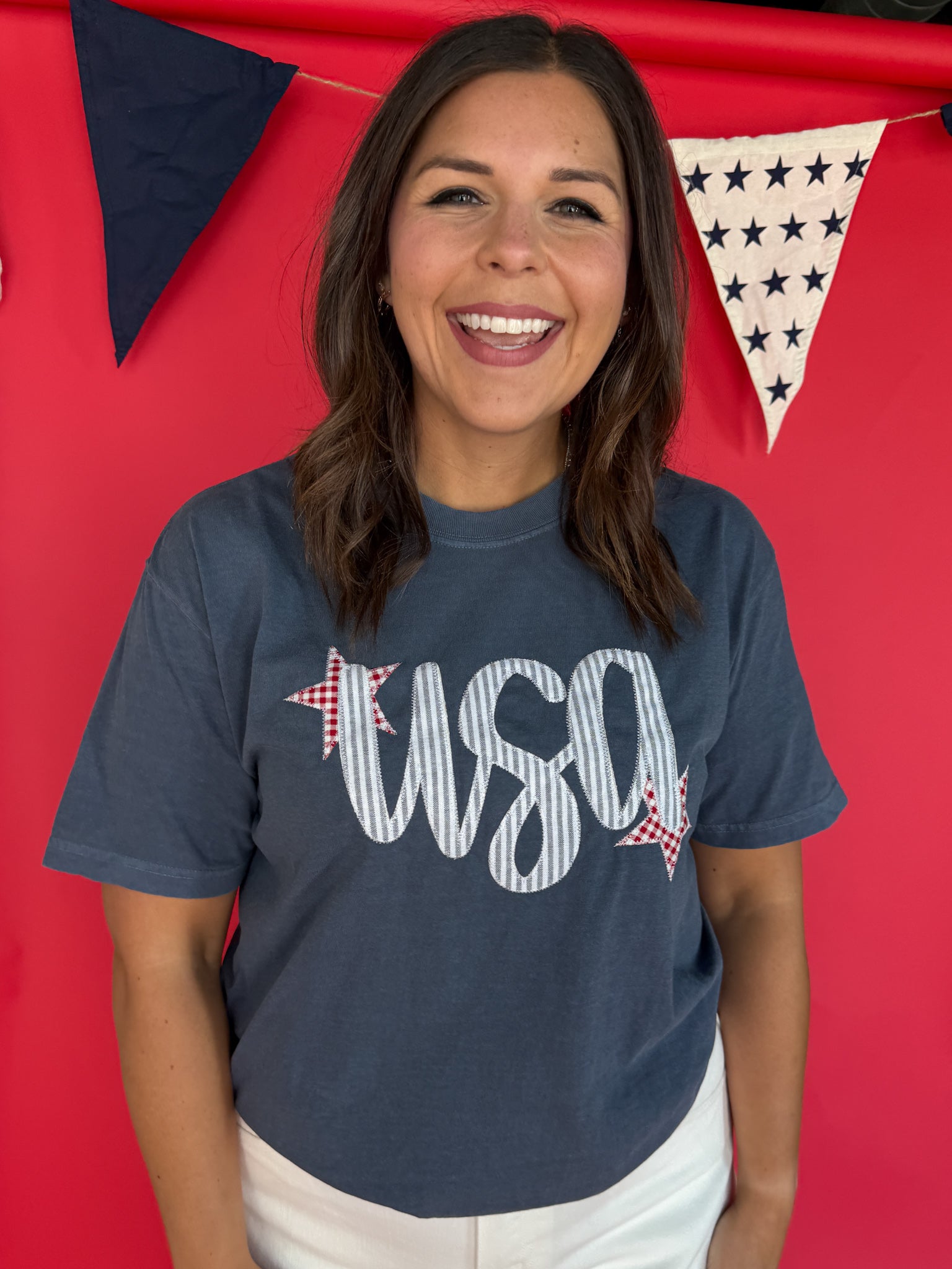 USA Embroidery Tee- Navy - Ana Patricia Boutique