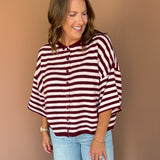 Stripe Short Sleeve Cardigan- Burgundy