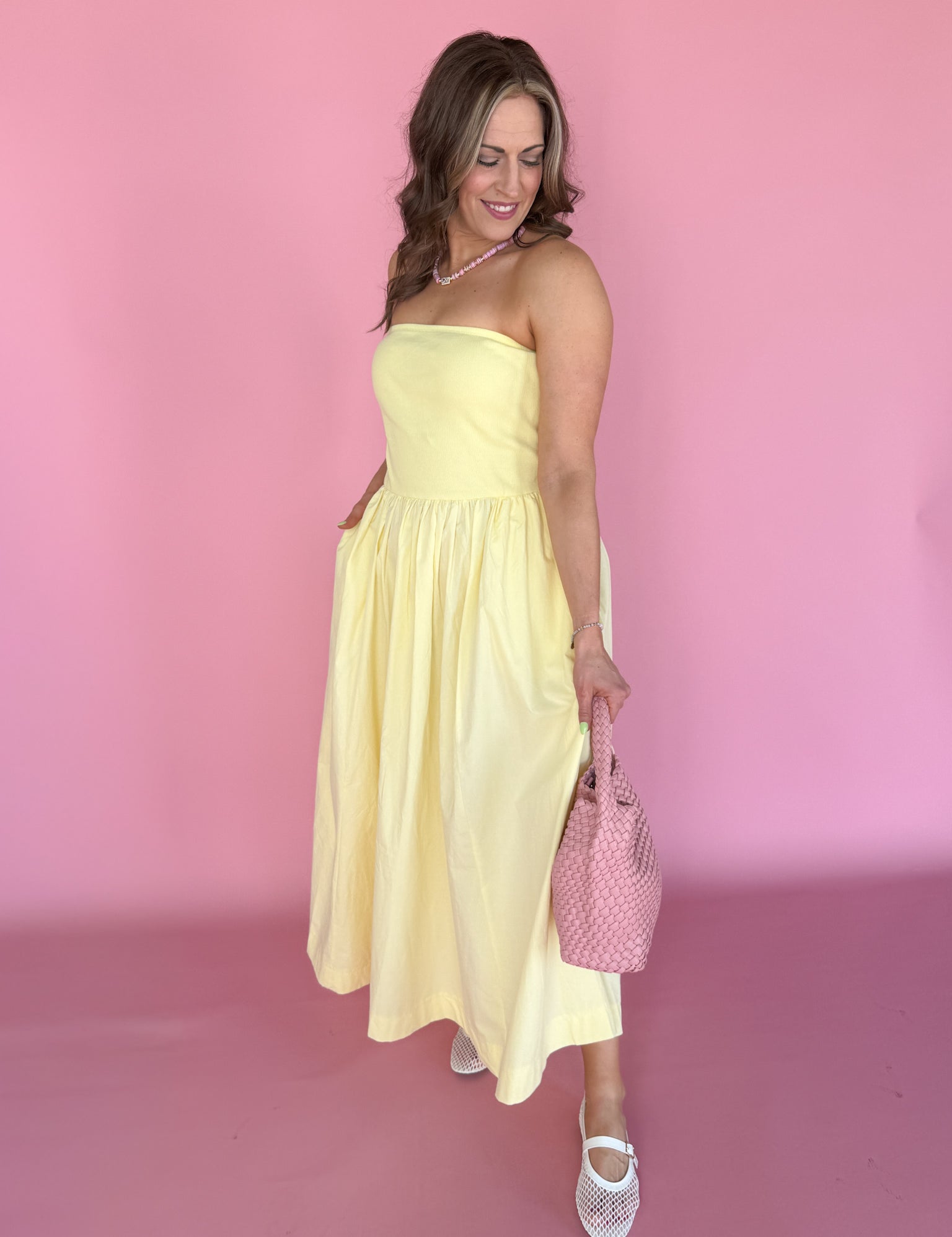 Strapless Midi Dress-Yellow - Ana Patricia Boutique