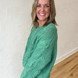 Cableknit V Neck Sweater-Jade