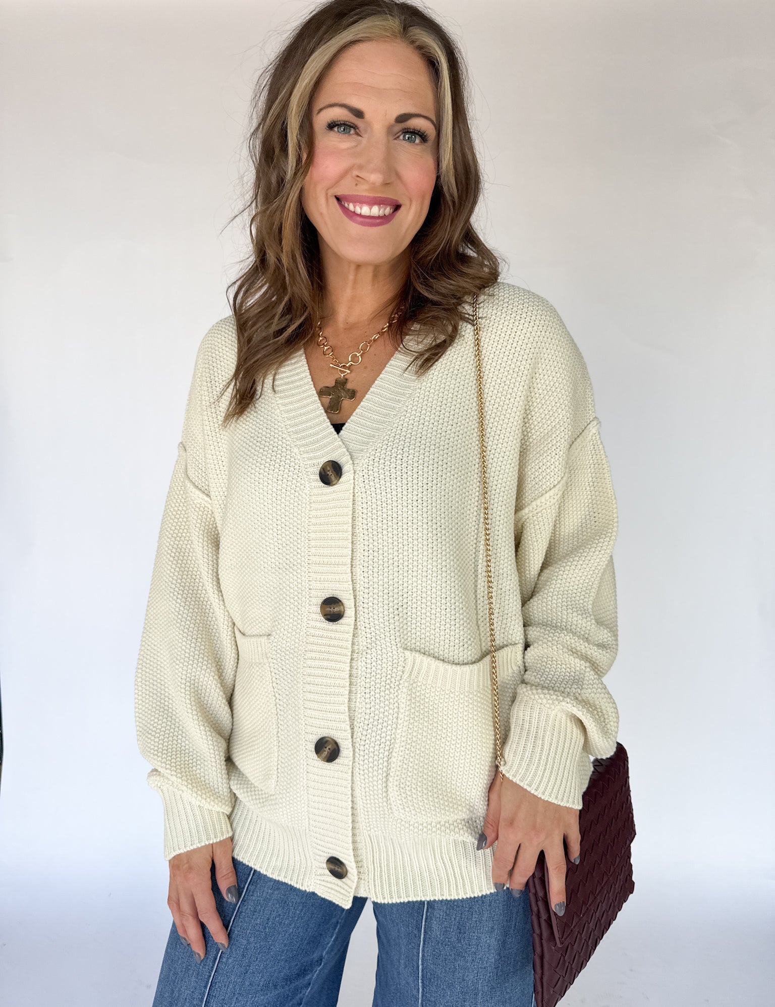 V Neck Waffleknit Cardigan- Ivory - Ana Patricia Boutique