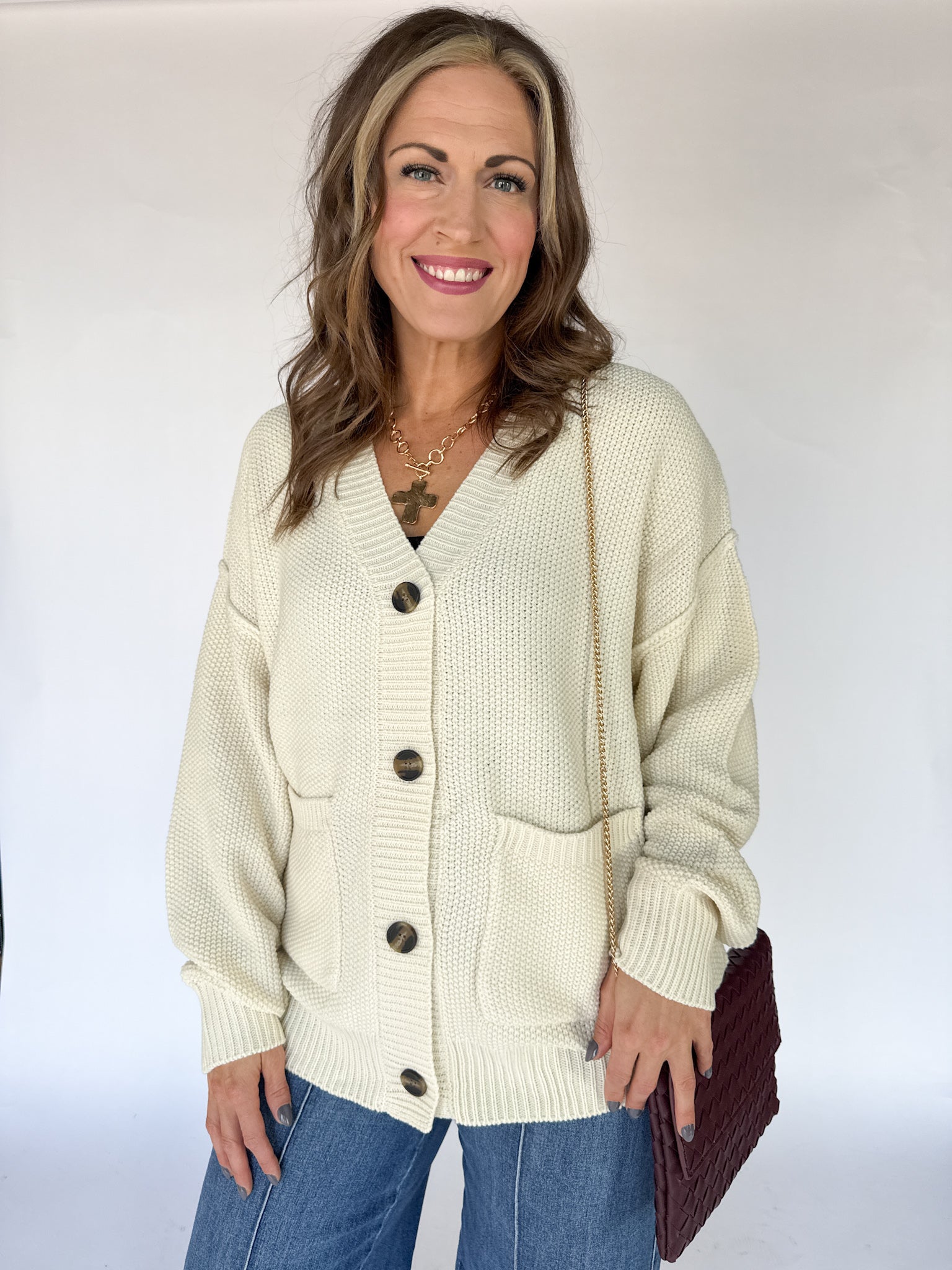 V Neck Waffleknit Cardigan- Ivory - Ana Patricia Boutique