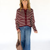 Collared Button Down Sweater- Wine/Ivory