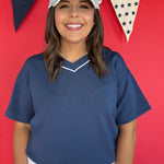 V Neck Piping Top- Navy - Ana Patricia Boutique