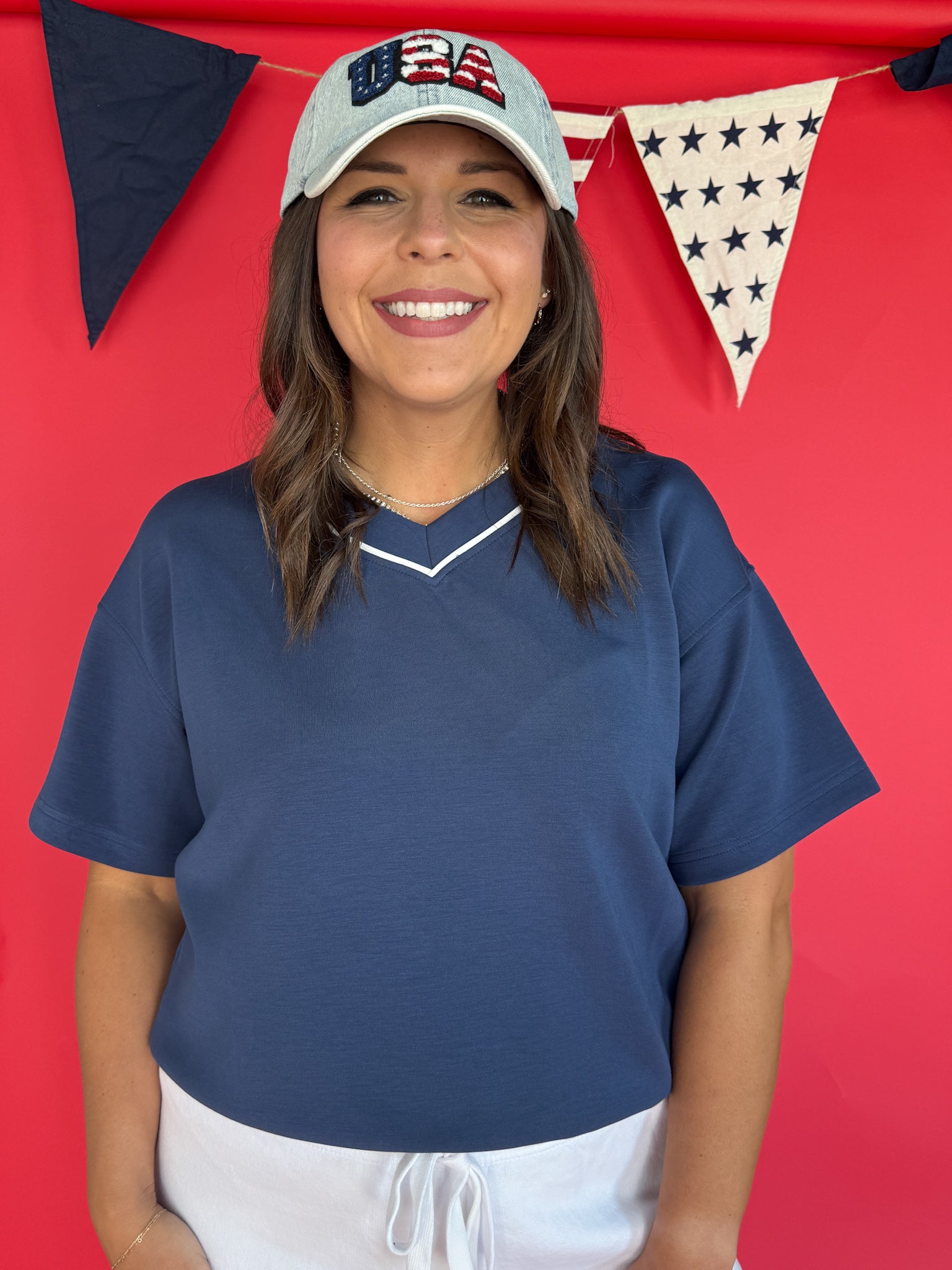 V Neck Piping Top- Navy - Ana Patricia Boutique