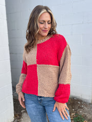 The April Sweater- Taupe/Coral Red