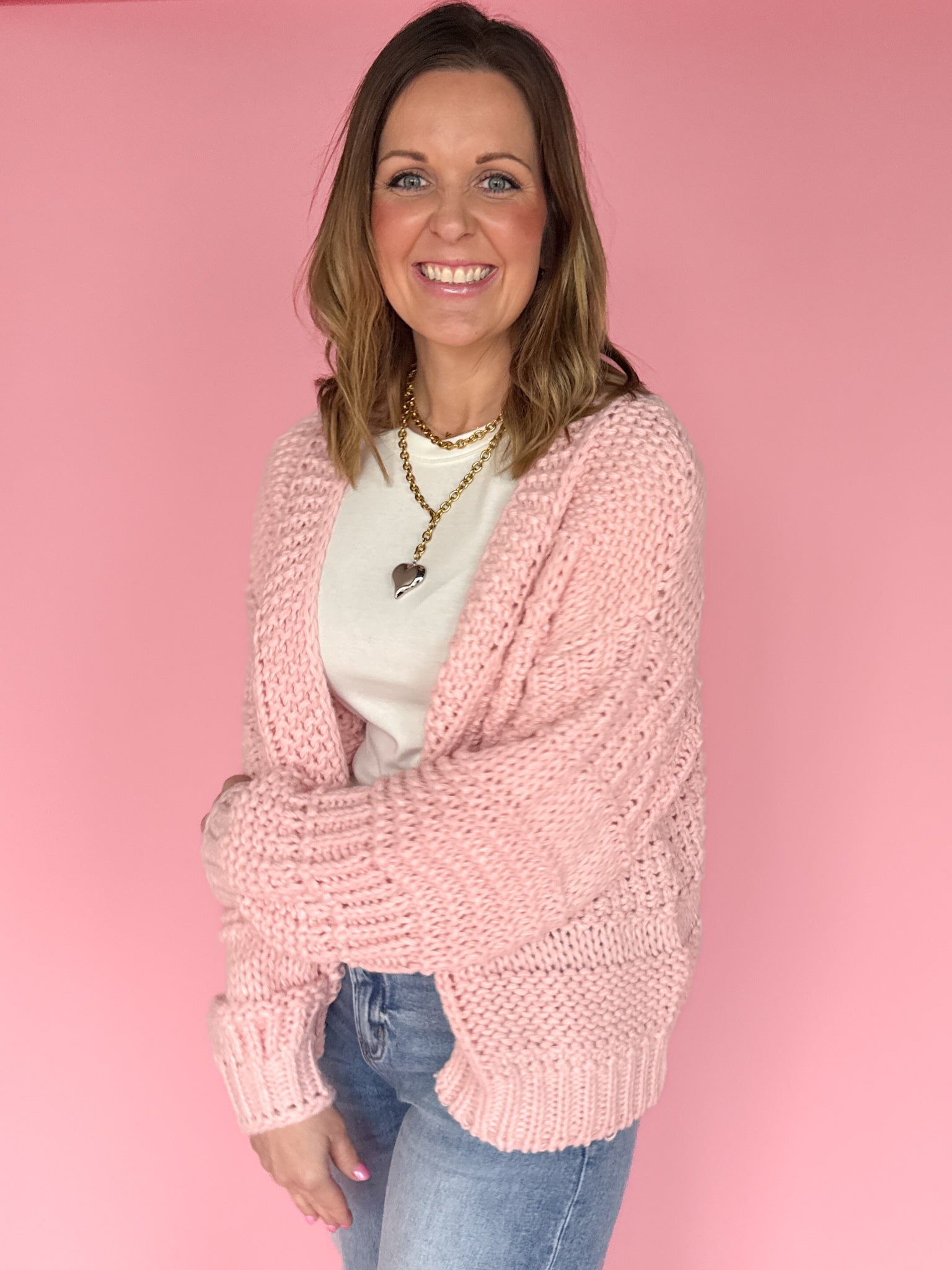 Chunky Knit Cardigan- Pink - Ana Patricia Boutique