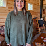 Round Neck Waffleknit Sweater- Olive