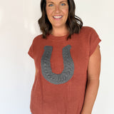 Horseshoe Ribbed Sweater- Rust