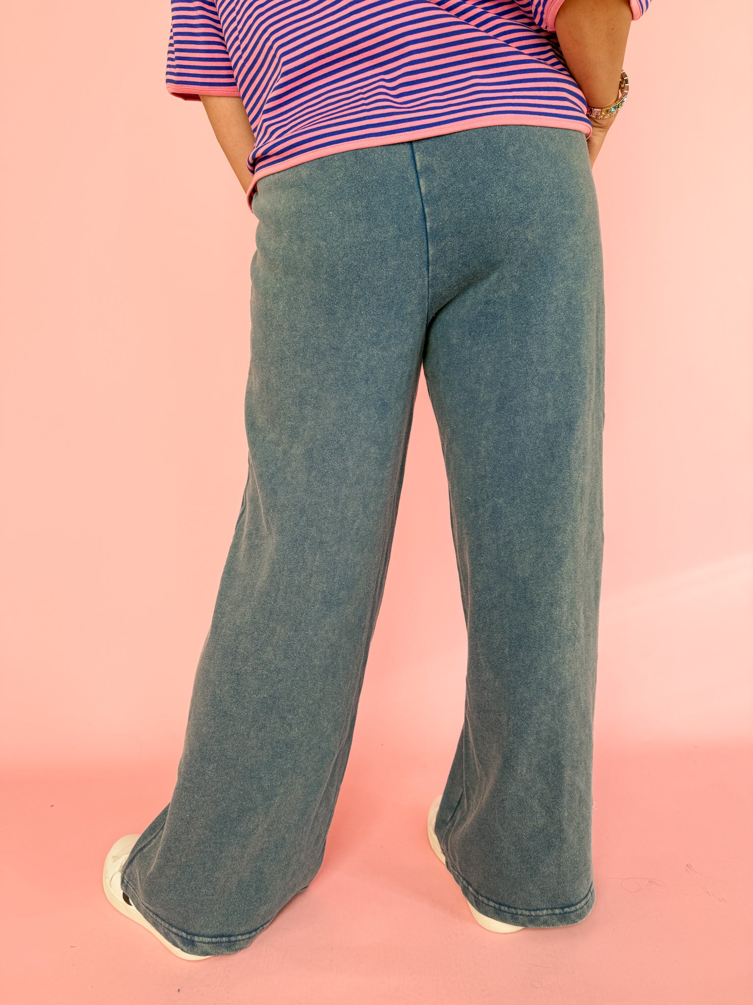 Acid Wash Wide Leg Pants-Navy - Ana Patricia Boutique