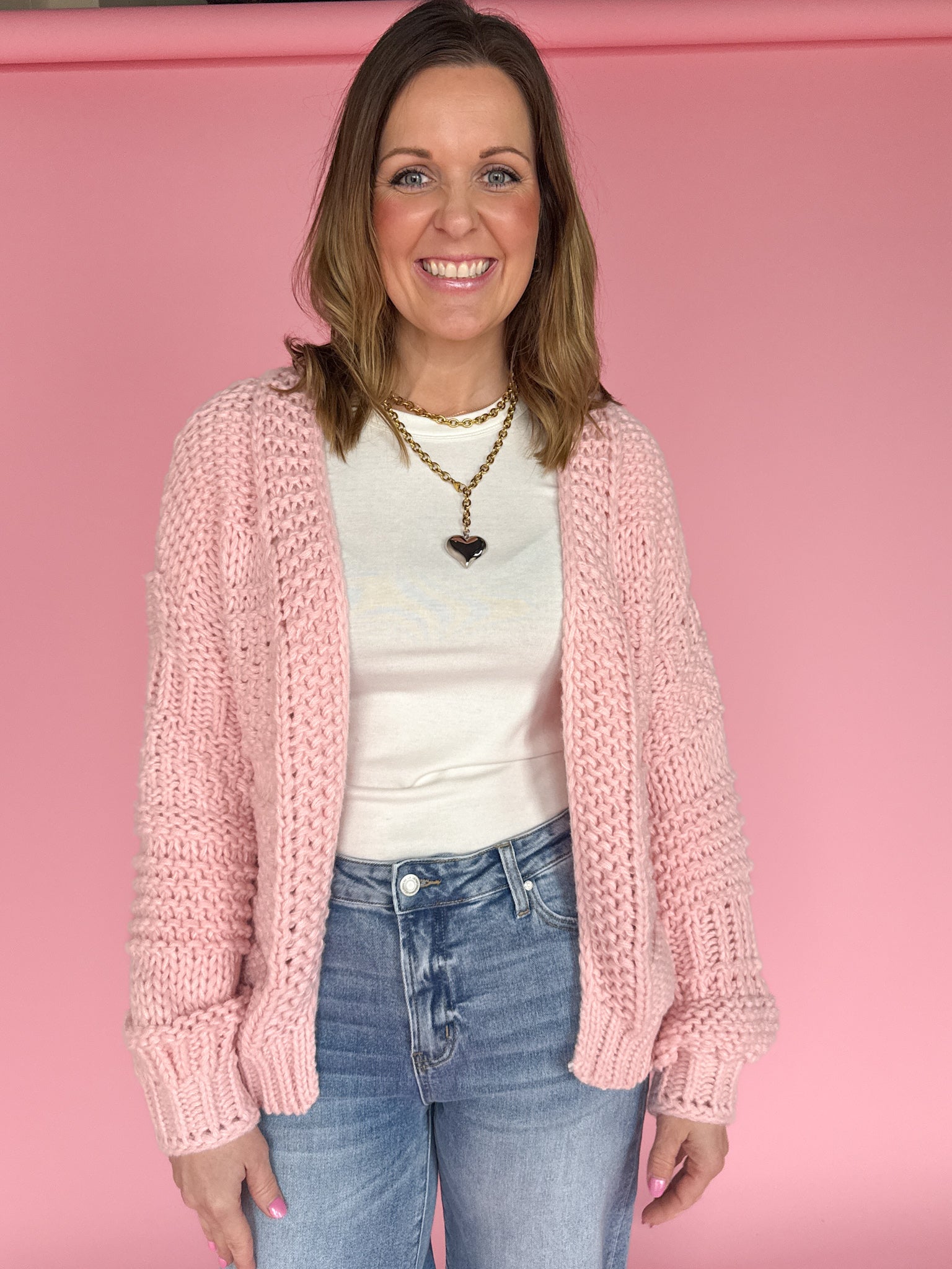 Chunky Knit Cardigan- Pink - Ana Patricia Boutique