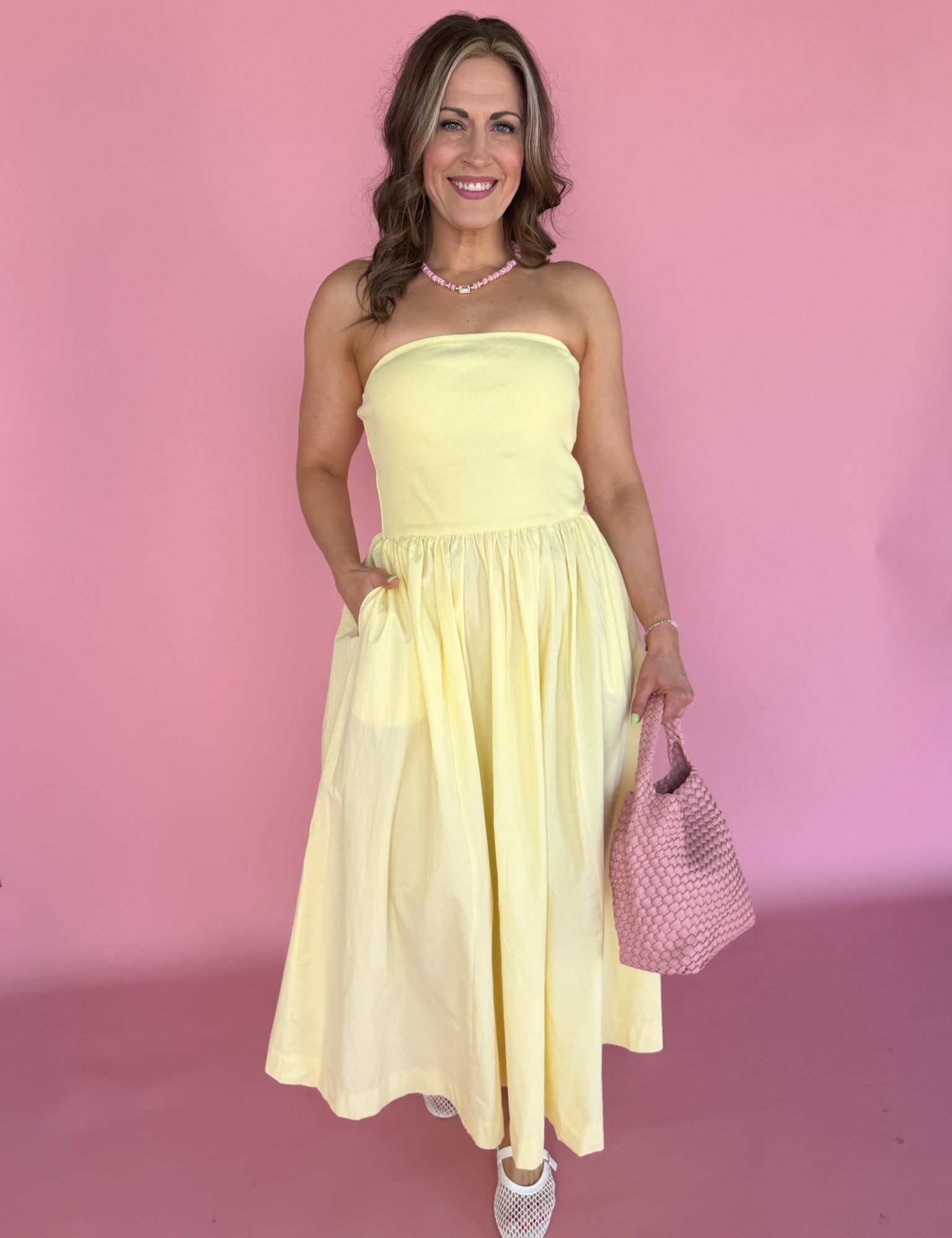 Strapless Midi Dress-Yellow - Ana Patricia Boutique