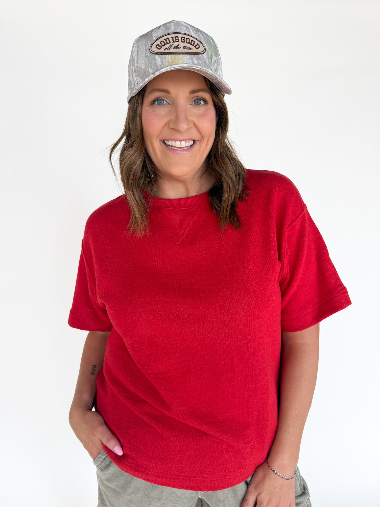 Crew Neck Short Sleeve Top- Red - Ana Patricia Boutique