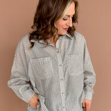 Oversized Stripe Button Up Top- Black