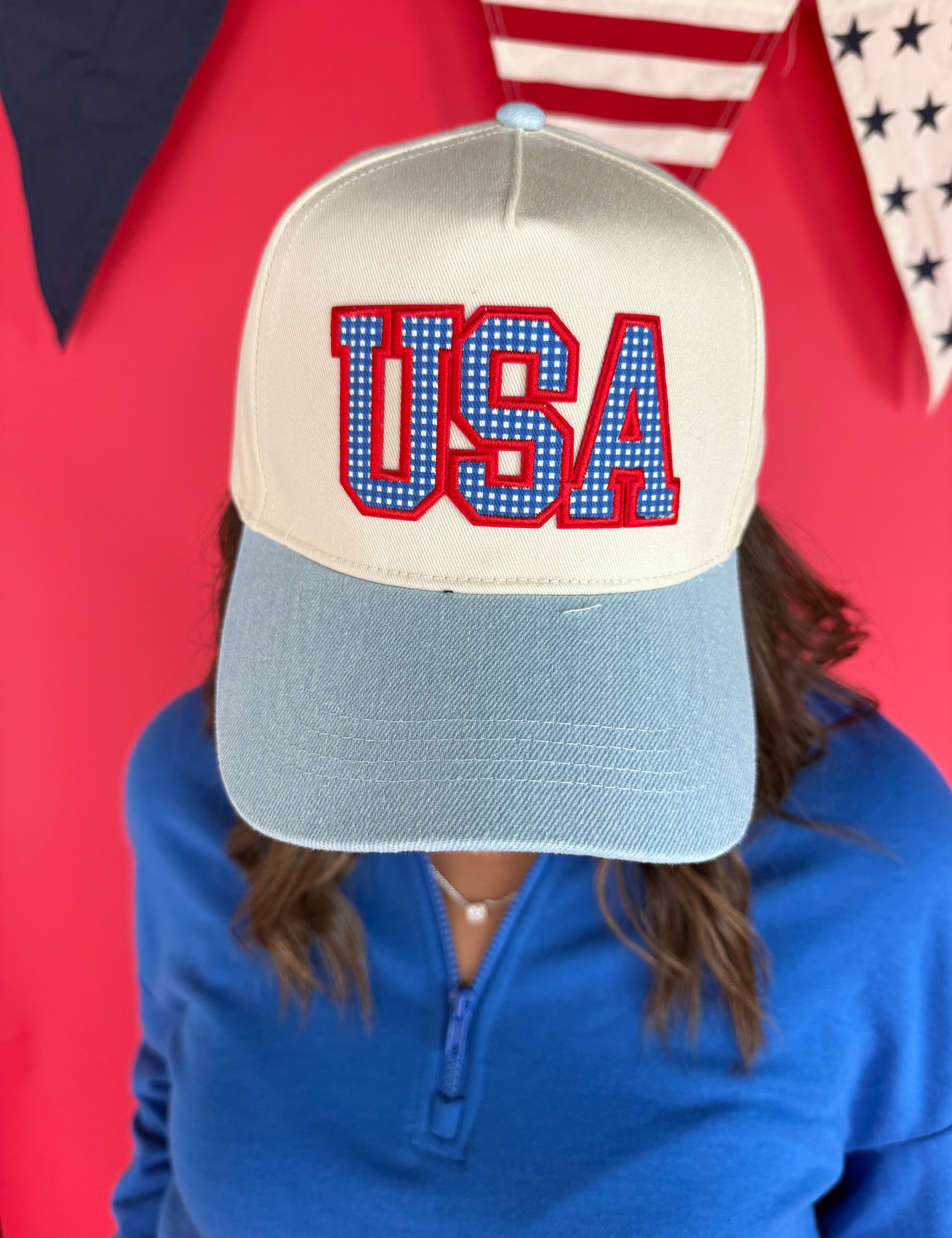 USA Flag Patch Denim Two-Tone Baseball Cap - Ana Patricia Boutique
