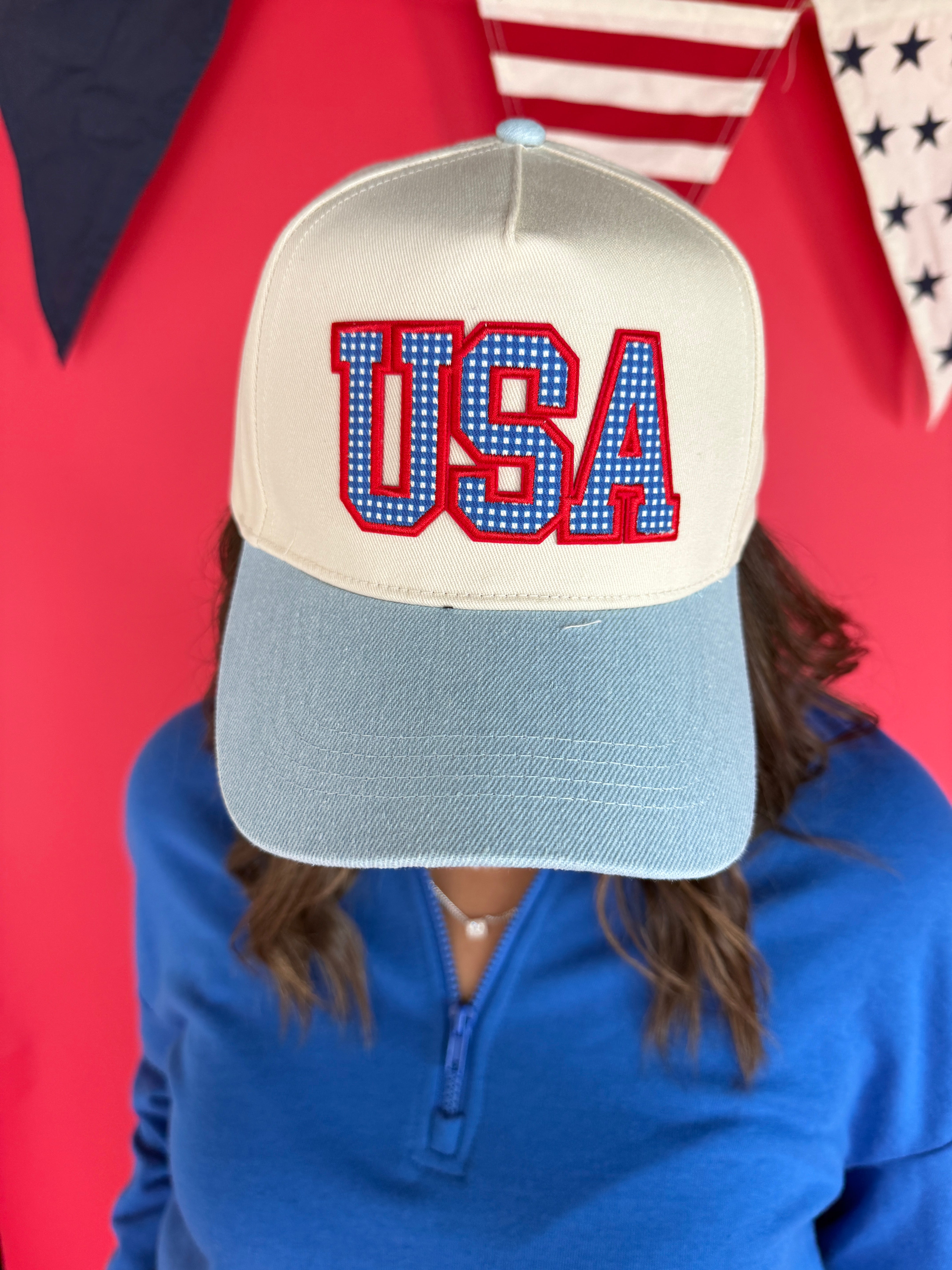 USA Flag Patch Denim Two-Tone Baseball Cap - Ana Patricia Boutique