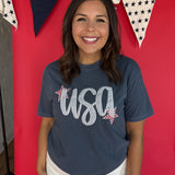 USA Embroidery Tee- Navy - Ana Patricia Boutique