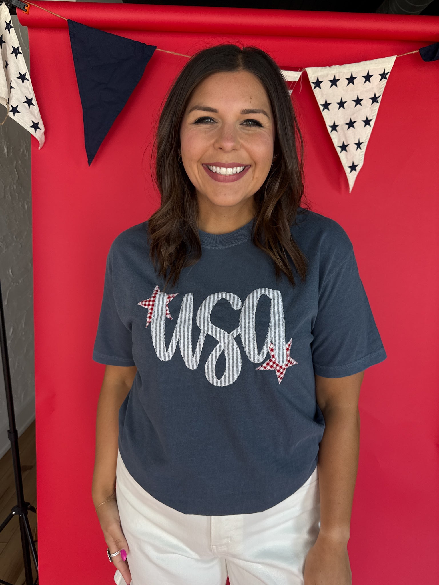 USA Embroidery Tee- Navy - Ana Patricia Boutique