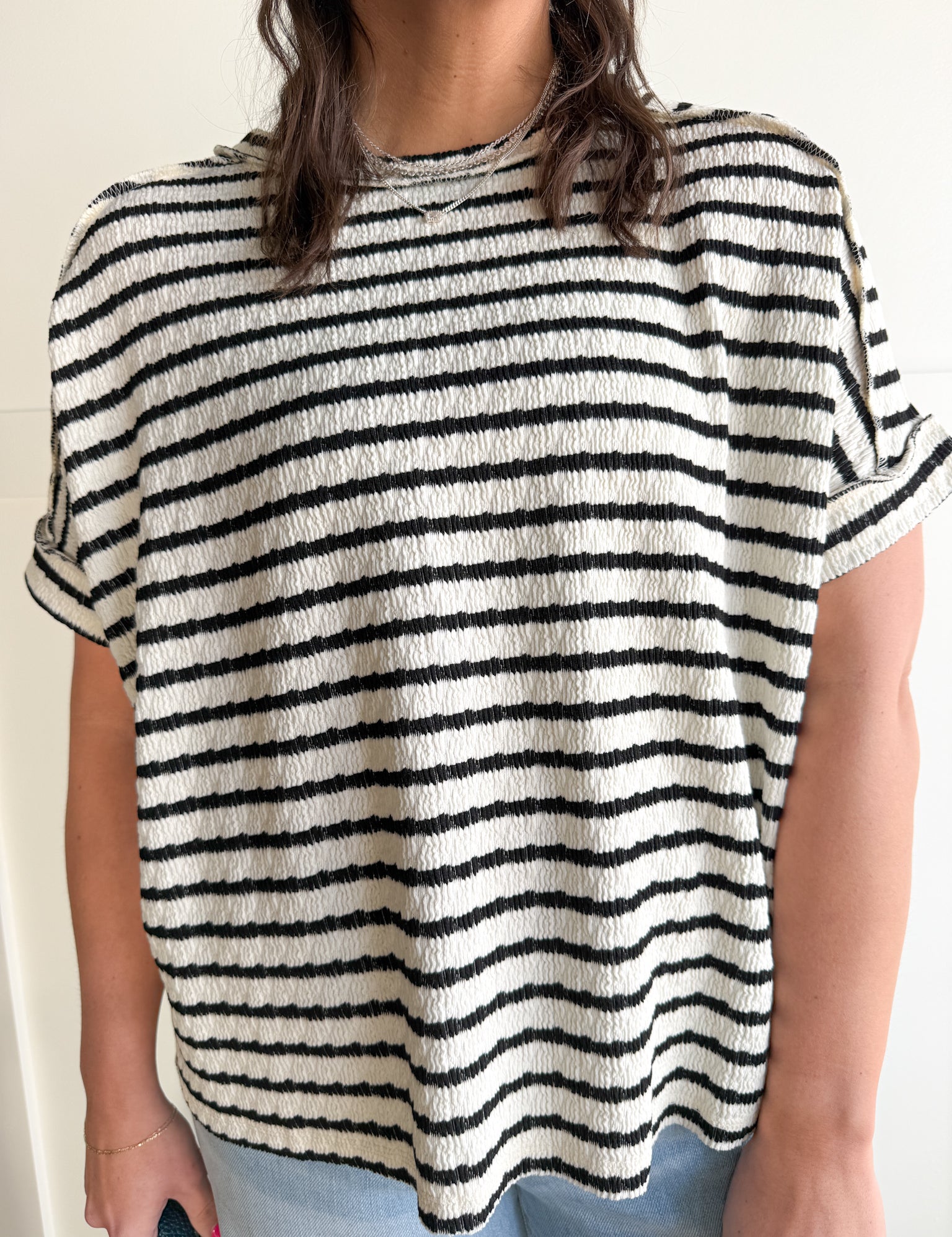 Striped Hi Lo Short Sleeve Top- Black - Ana Patricia Boutique