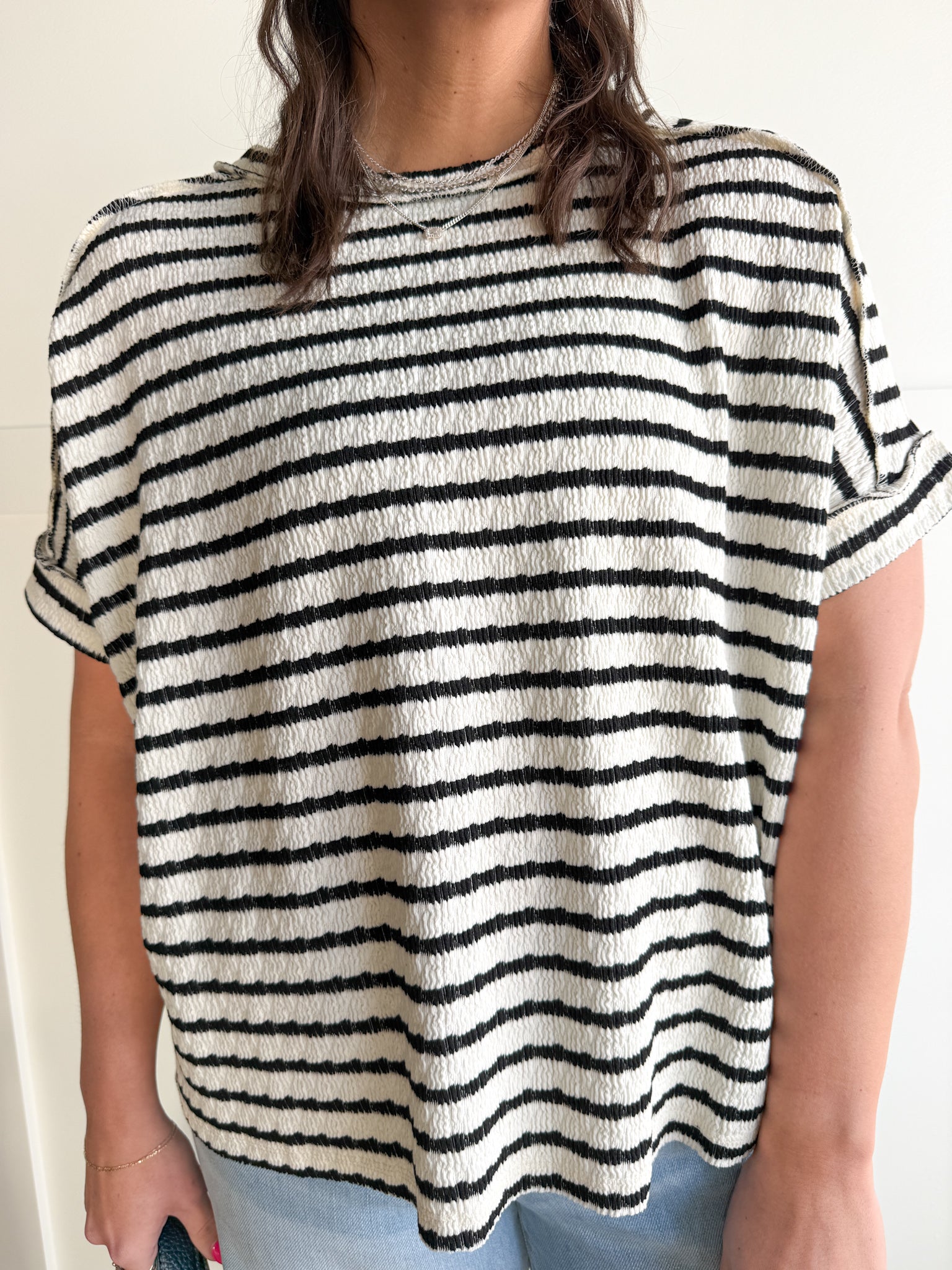 Striped Hi Lo Short Sleeve Top- Black - Ana Patricia Boutique