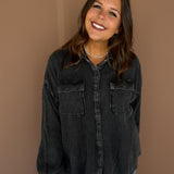 Mineral Wash Waffleknit Button Up-Black